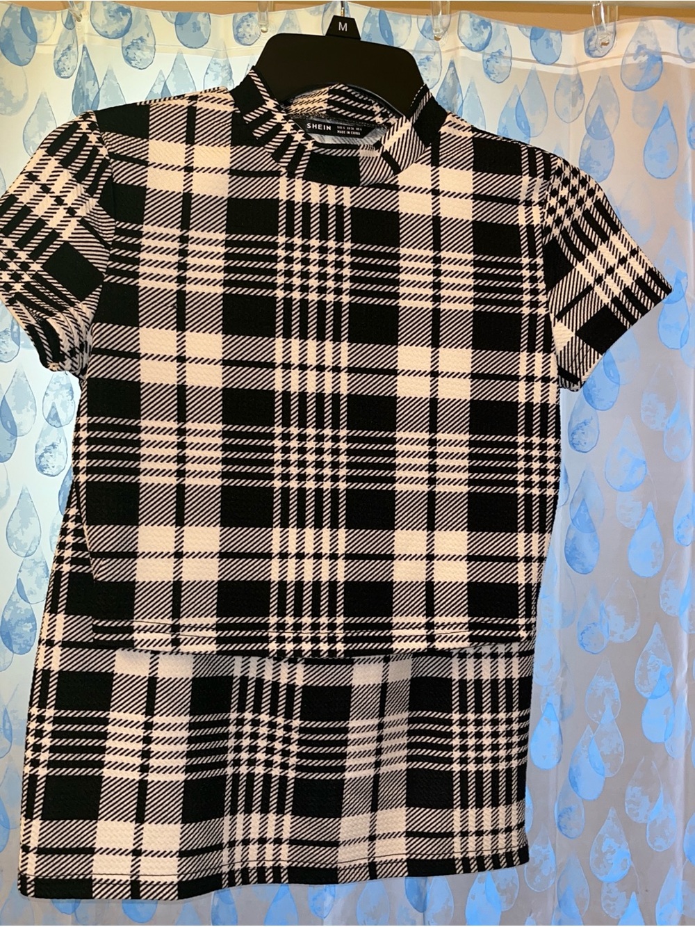 SHEIN Black & White Plaid Short Sleeve Mock Neck Top